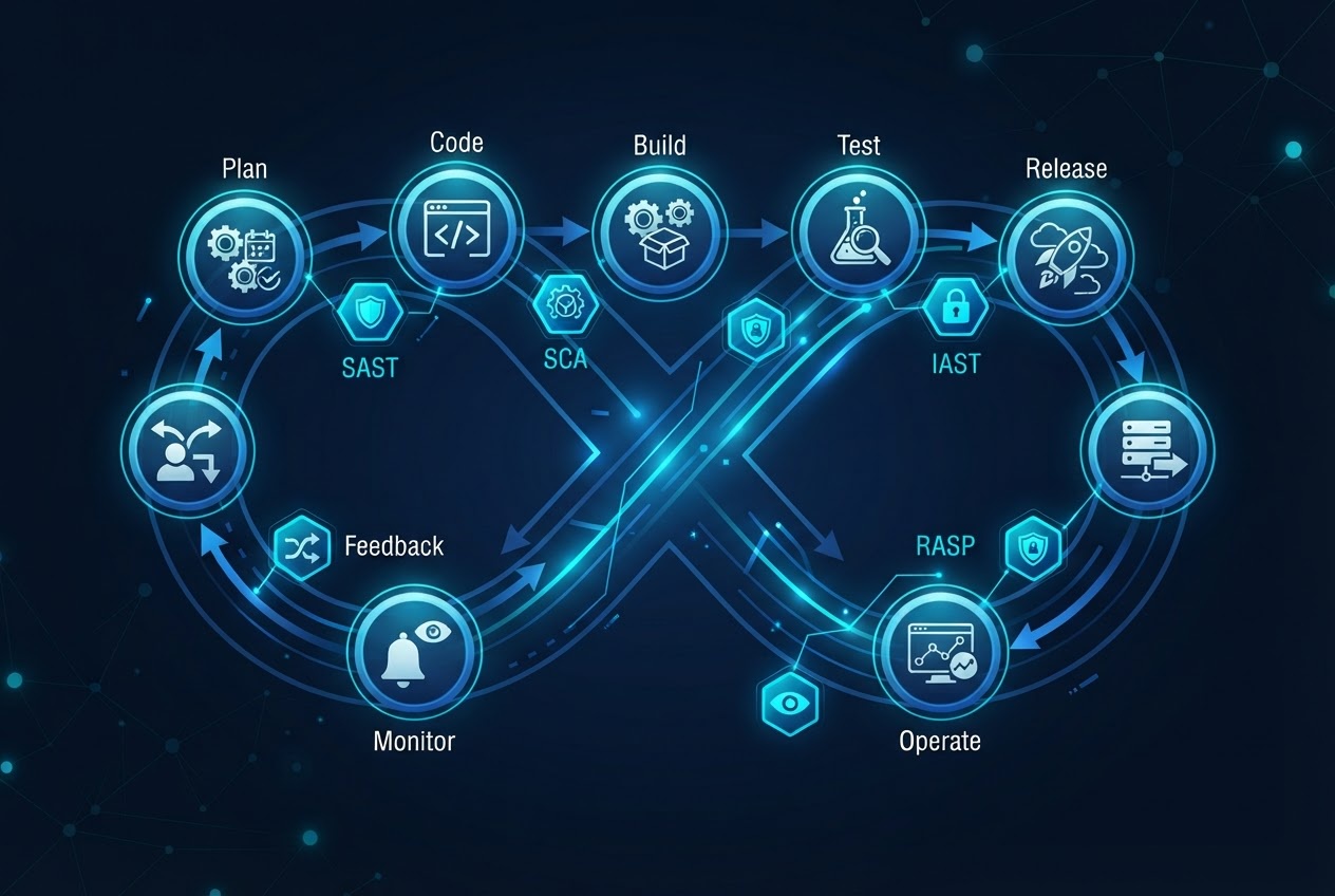 Visual representation of the secure software development lifecycle and automated DevSecOps pipeline.
